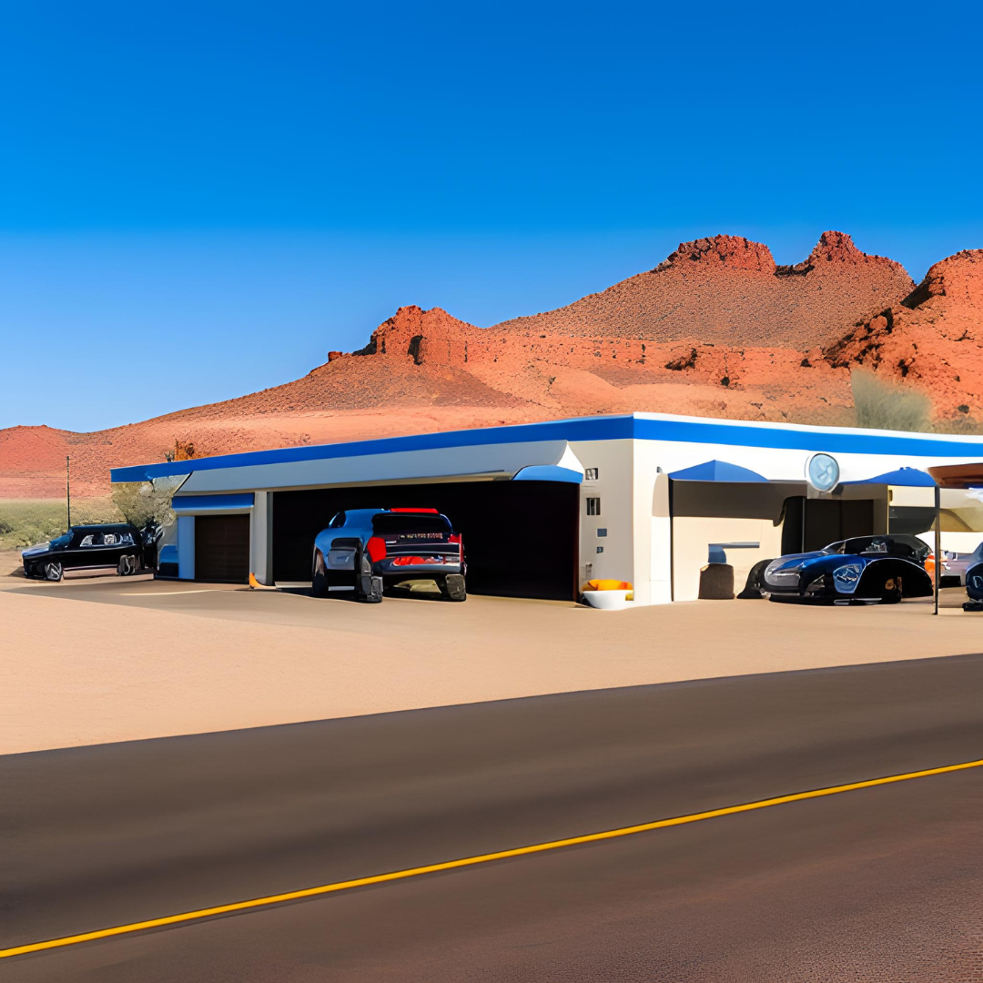 A gas station with cars parked in front of it