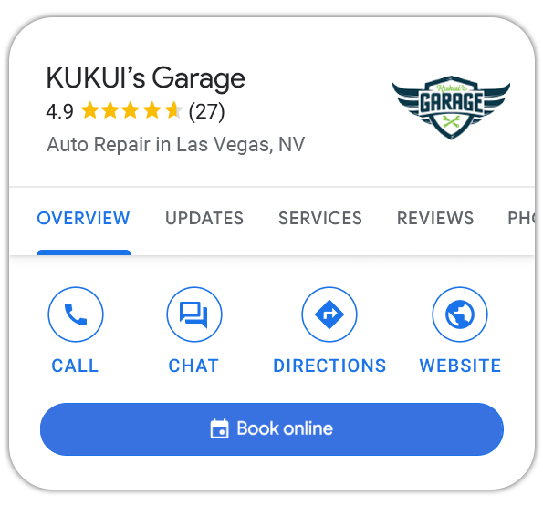 KUKU’s Garage business listing with call, chat, directions, website and book online buttons