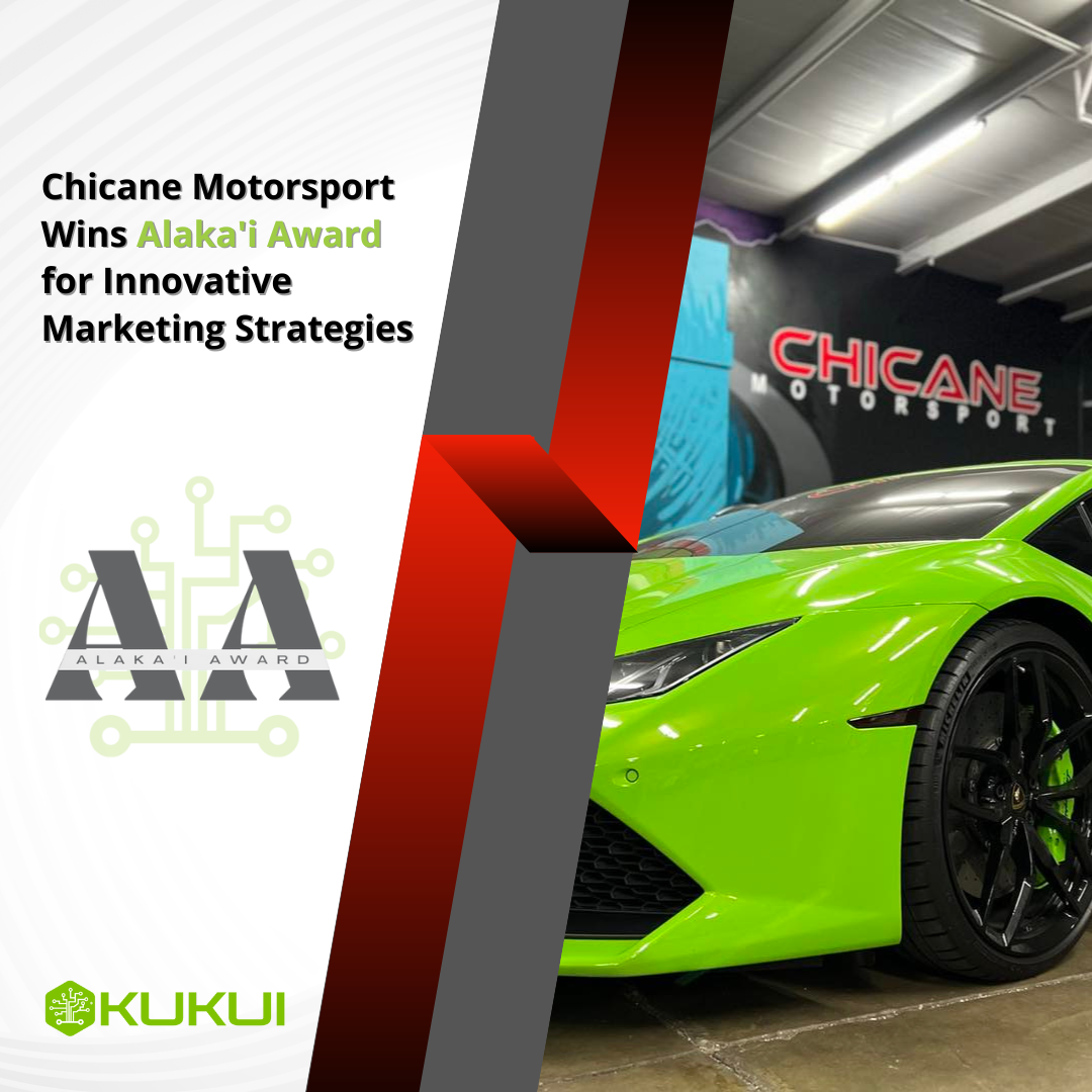 A green car is parked in front of a sign that says chicane motorsport