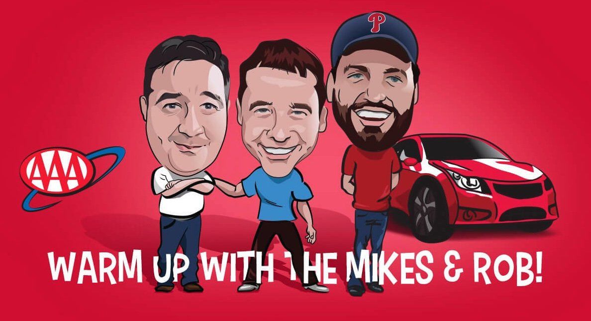 A cartoon of three men standing next to each other with a car in the background.