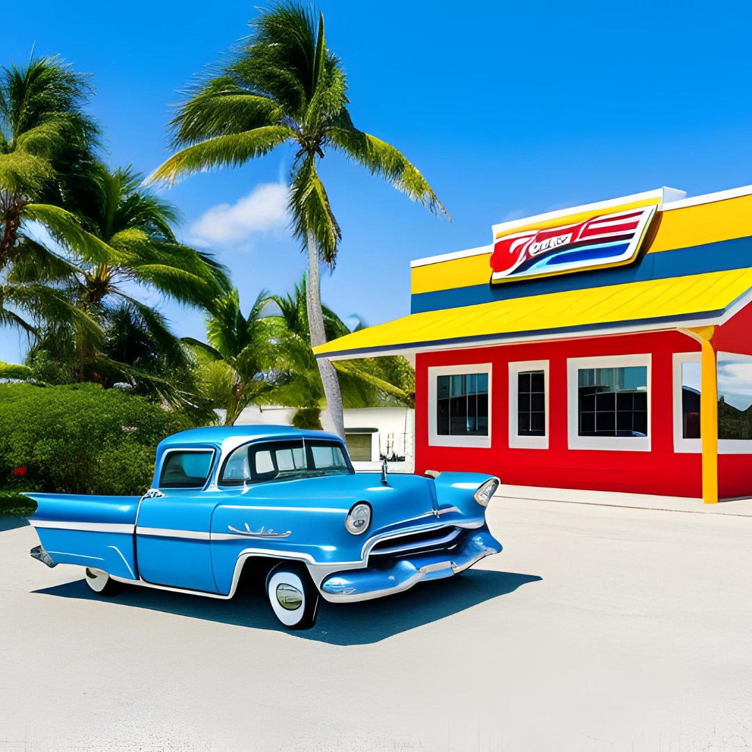 A blue truck is parked in front of a red and yellow building