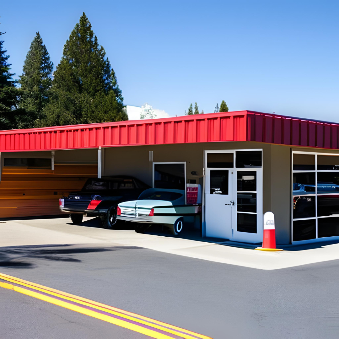 Cars are parked in front of a garage with a red roof