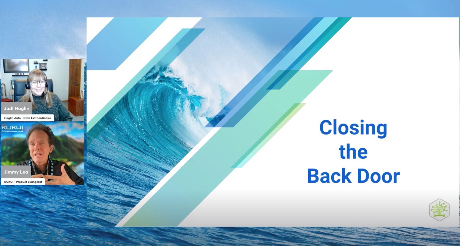 A man taking a picture of a wave with the words closing the back door