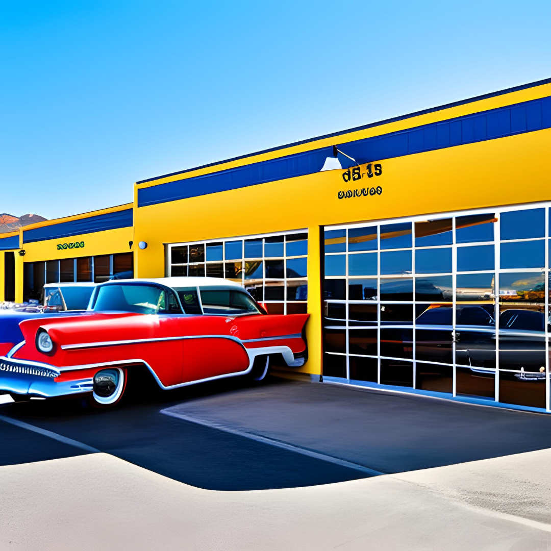 A red car is parked in front of a yellow building