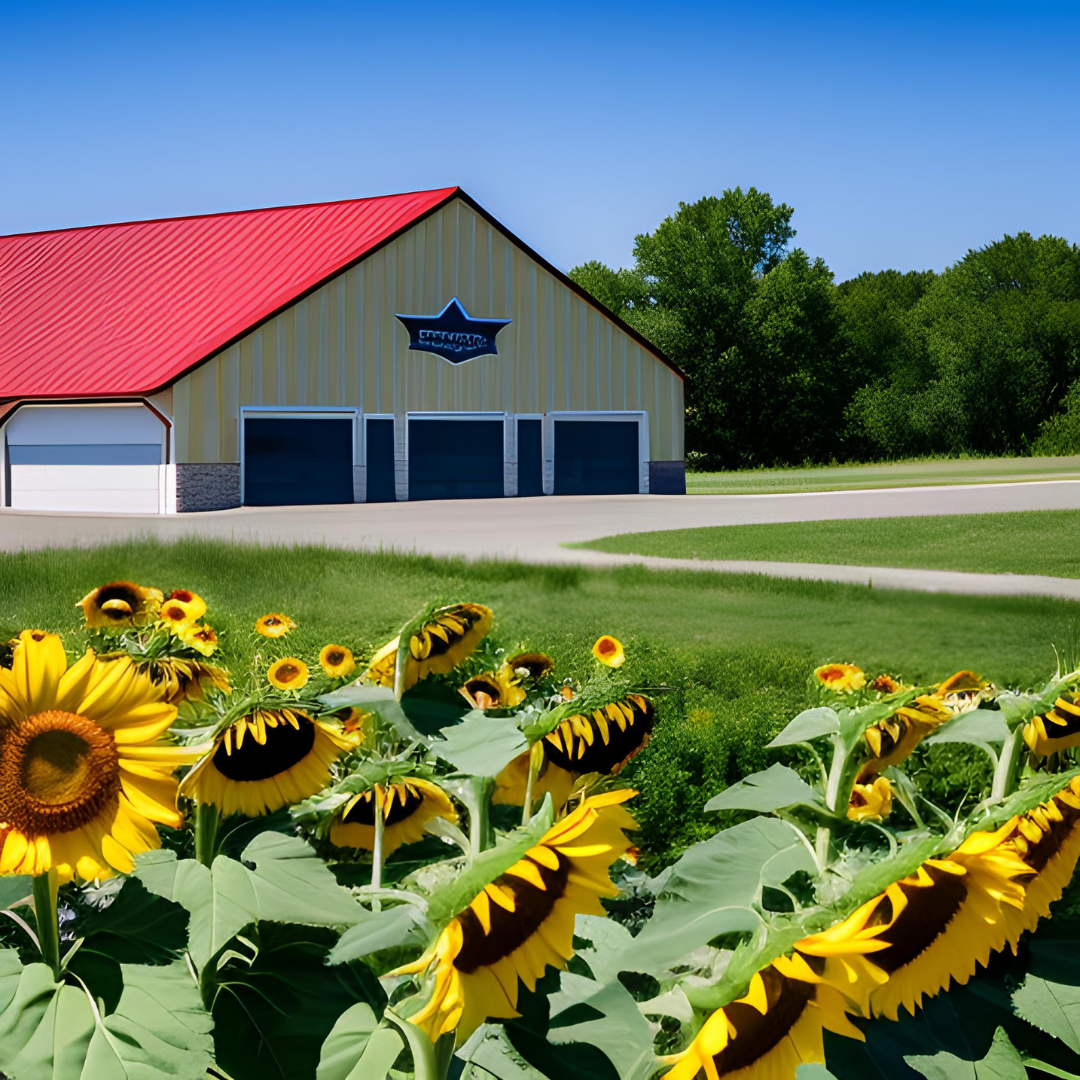 Sunflowers in front of a garage with a red roof