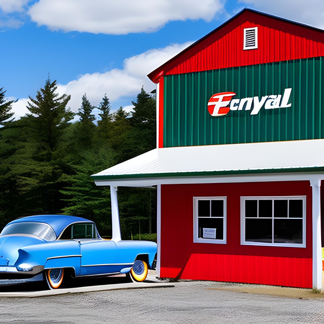 A blue car is parked in front of a red and green building that says egyal