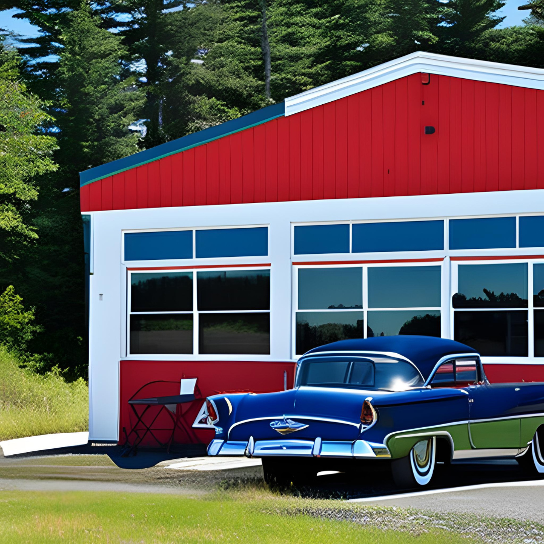 A blue car is parked in front of a red white and blue building