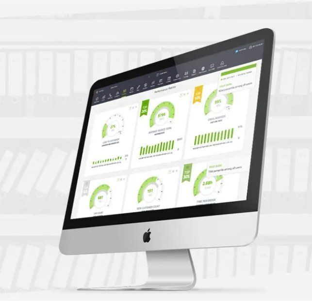 IMac displaying a green analytics dashboard with charts and gauges on a white background