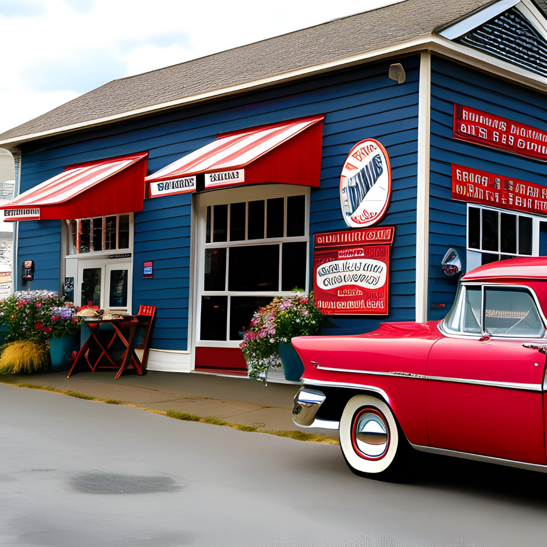 A red car is parked in front of a blue building