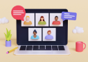 Video conference on a laptop with four participants and chat bubbles against a pink background