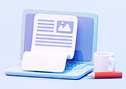 Blue computer monitor showing a document, with a small printer and cup beside it.
