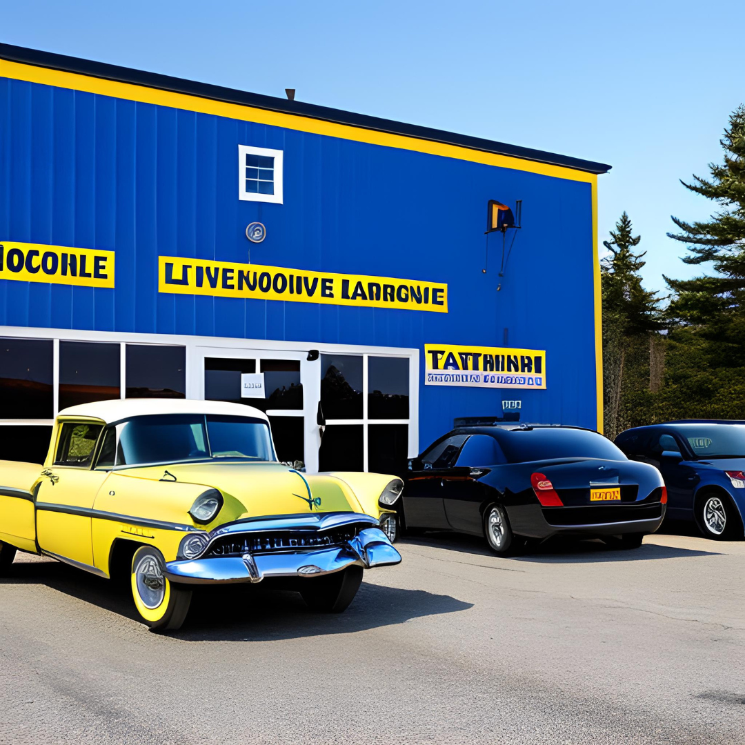 A yellow car is parked in front of a blue building