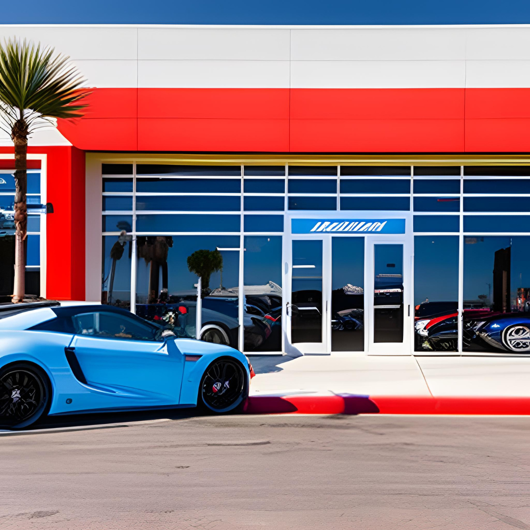 A blue sports car is parked in front of a car dealership