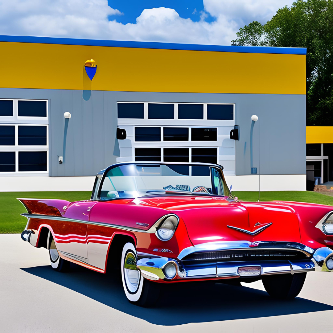 A red car is parked in front of a yellow and gray building