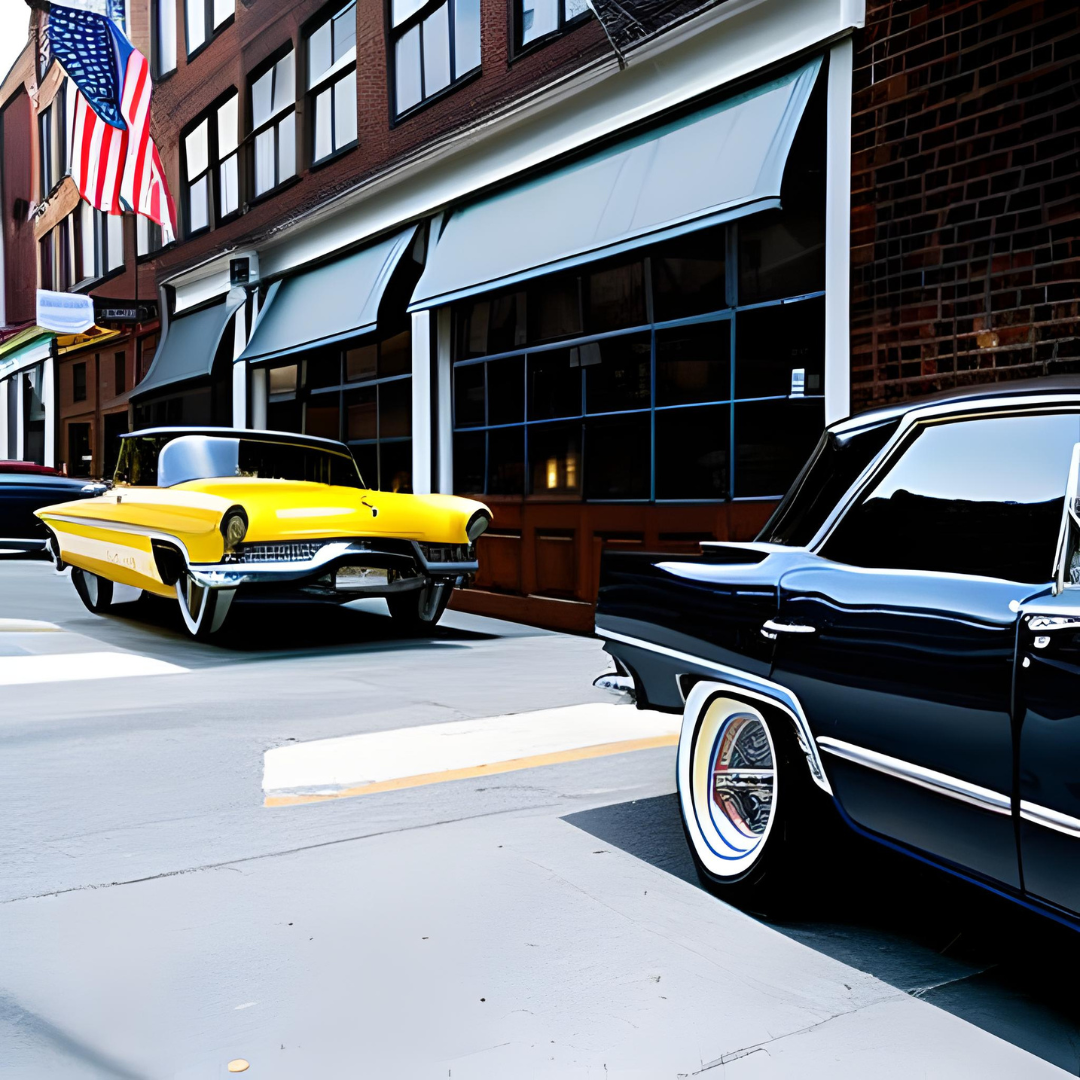 A yellow car is parked next to a black car
