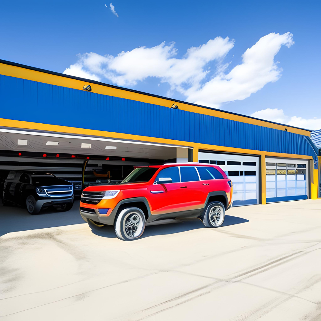 A red suv is parked in front of a blue and yellow garage