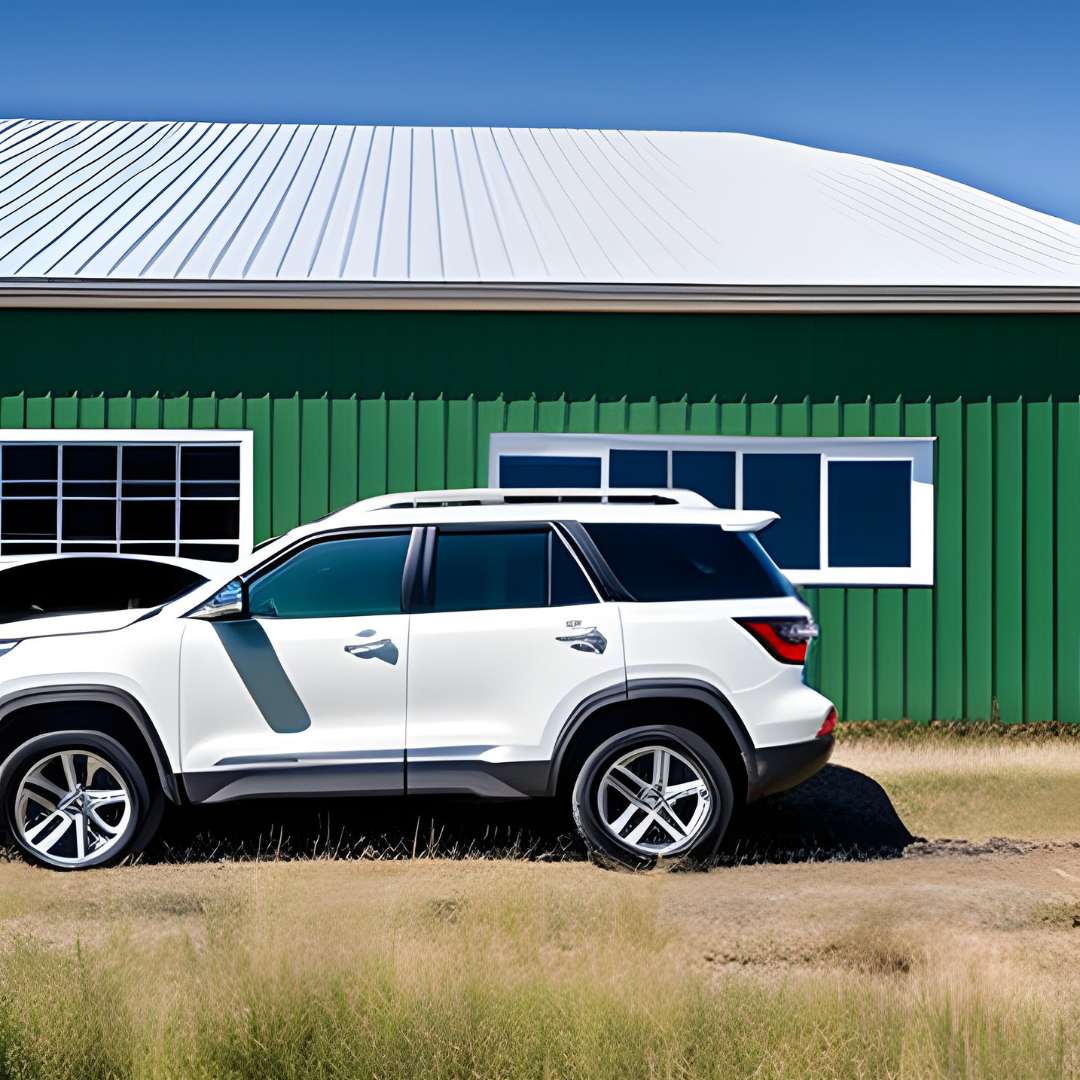 A white suv is parked in front of a green building