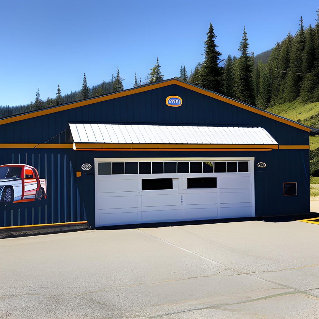 A truck is painted on the side of a garage