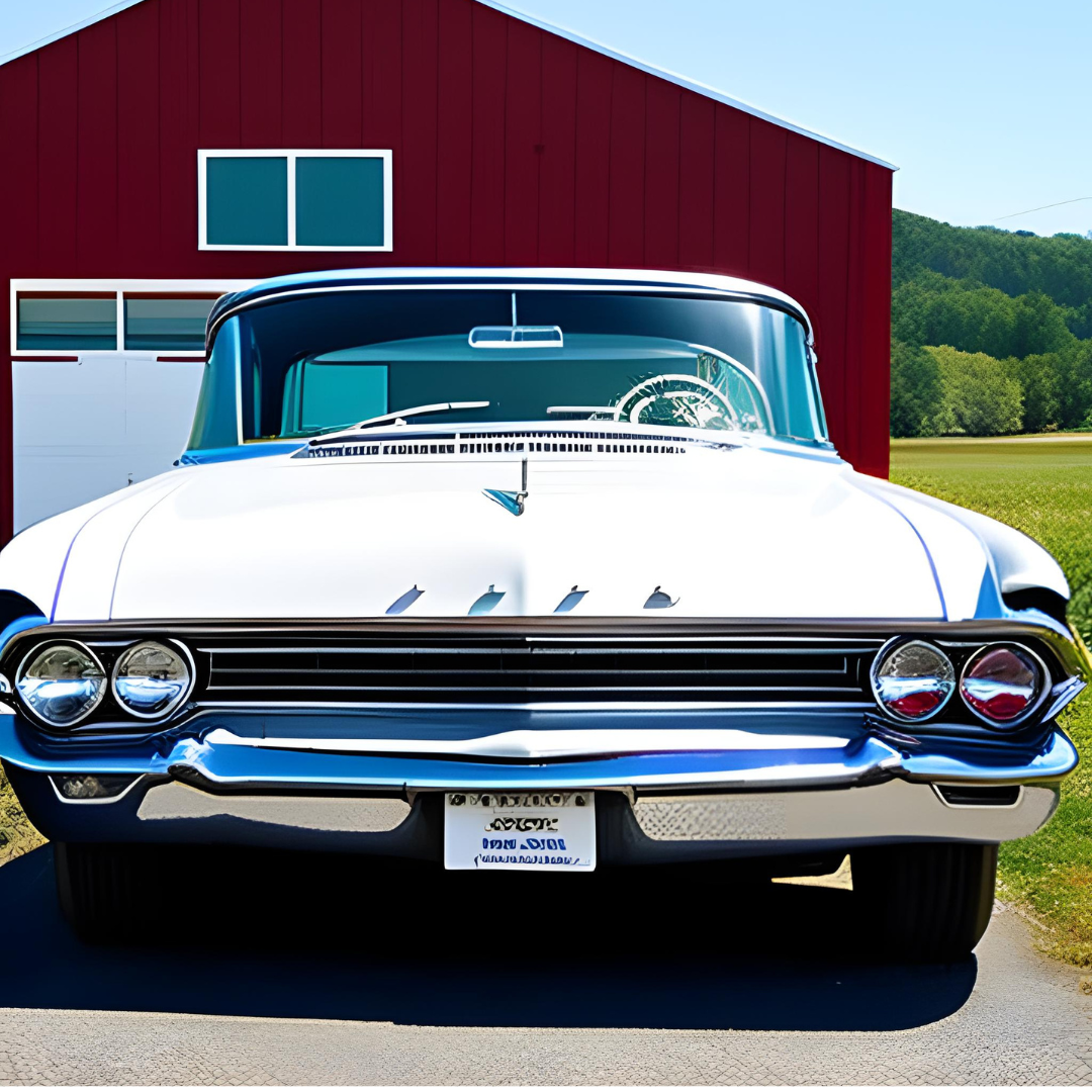 A white car is parked in front of a red barn