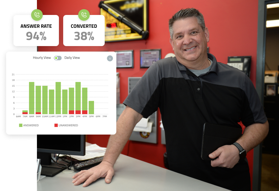 Smiling man in a black apron stands by a counter beside a customer review chart and scores board
