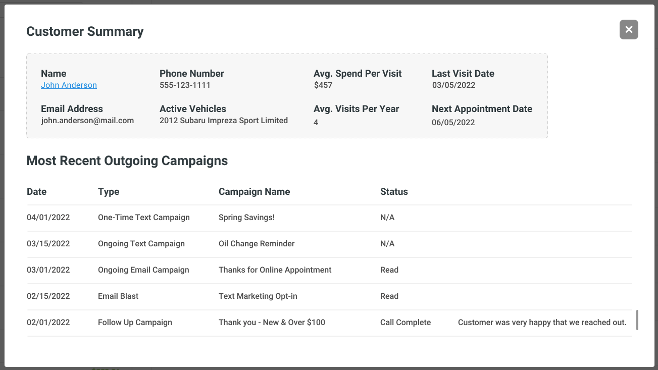 A screenshot of a customer summary page on a computer screen.
