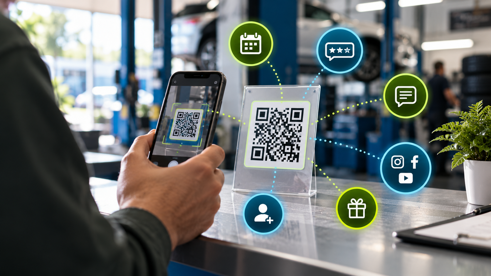 Person scans a QR code at a café counter with a smartphone, with digital app icons floating nearby