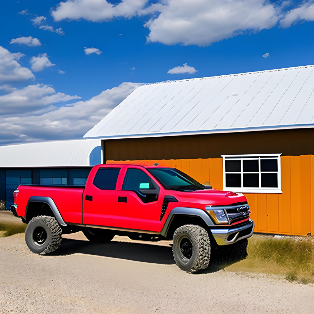 A red truck is parked in front of an orange building