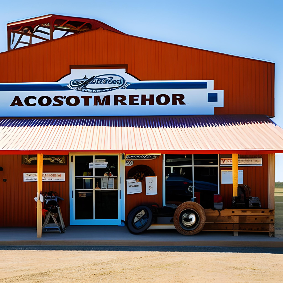 AI generated picture of automotive repair shop that is red with a white and blue sign on the front.