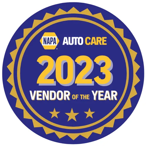 NAPA Auto Care 2023 Vendor of the Year blue and gold award emblem