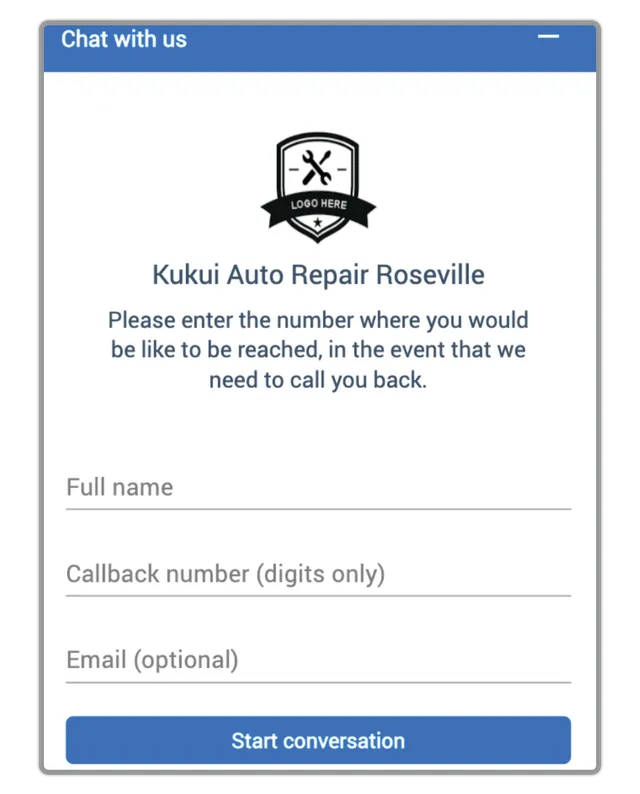 Kukui Auto Repair Roseville chat form with full name, callback number, email fields, and Start conversation button