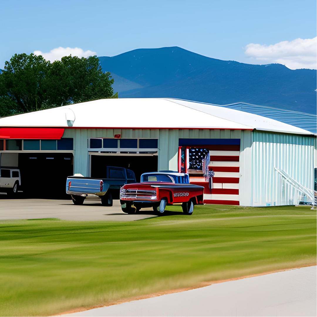 A red truck is parked in front of an american flag garage