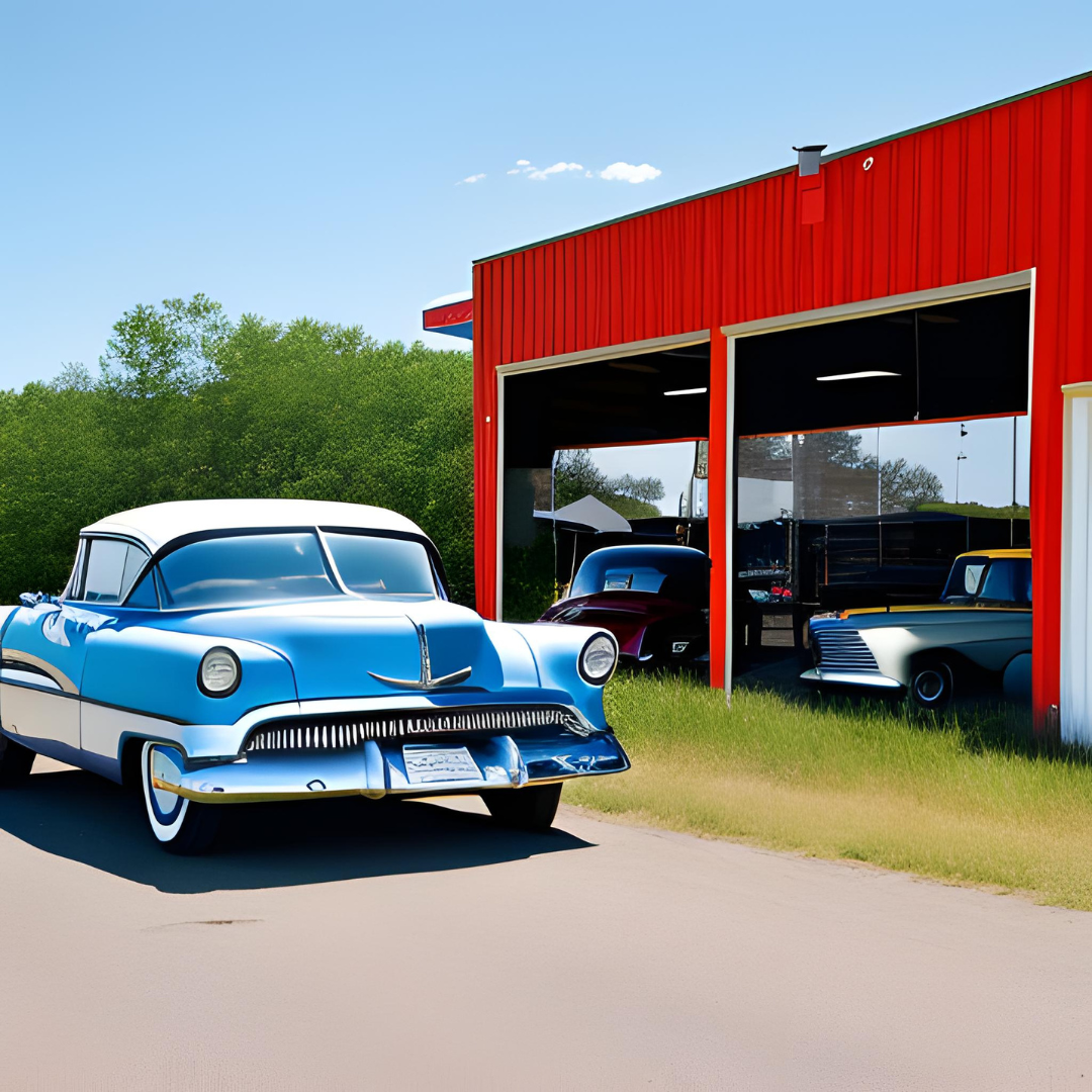 A blue car is parked in front of a red garage