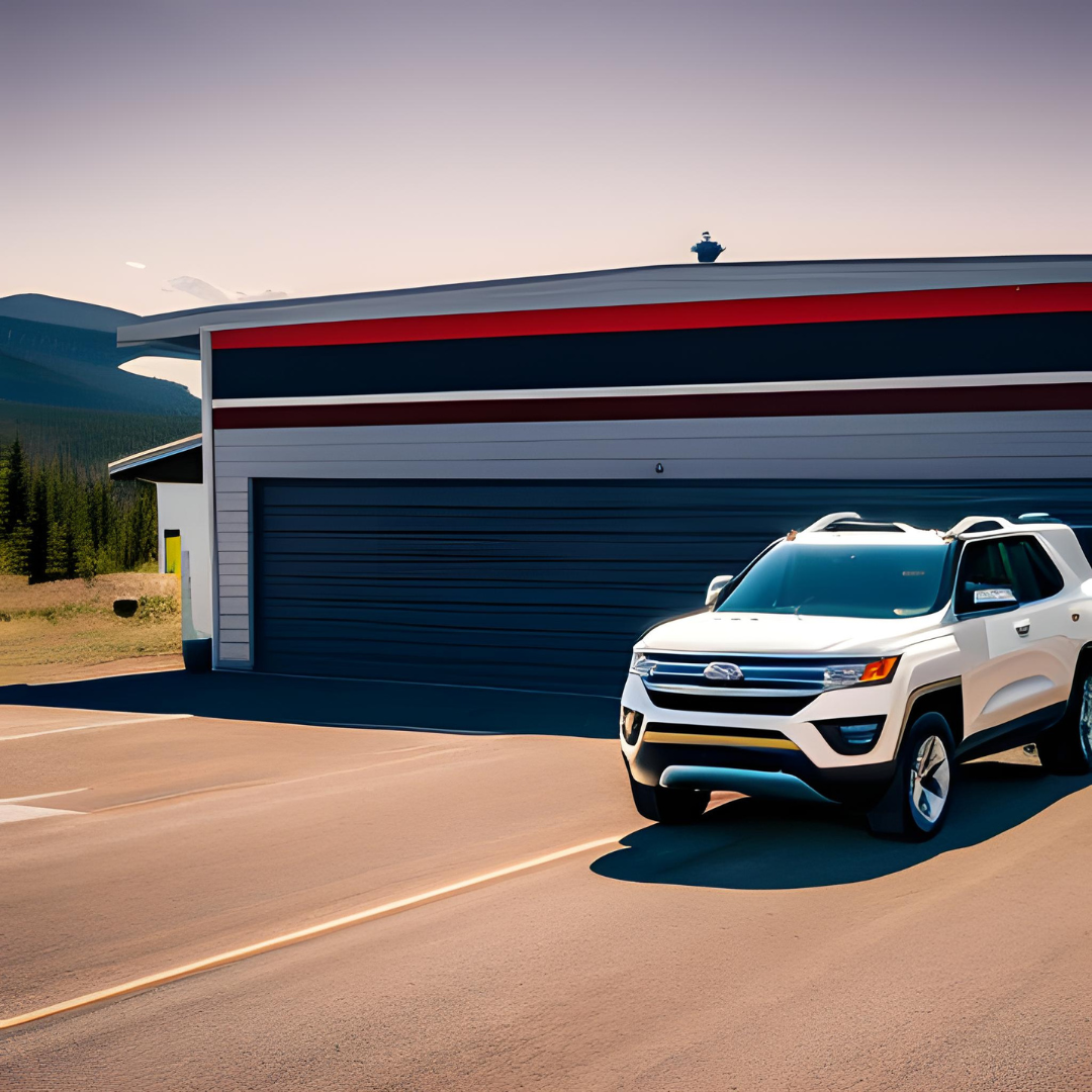 A white suv is parked in front of a garage