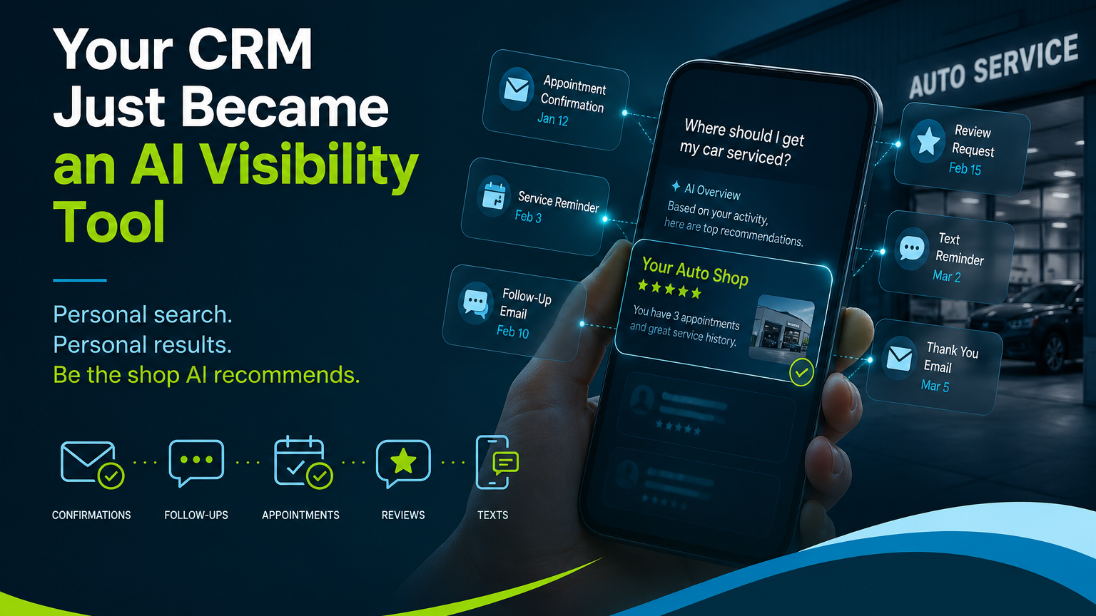 Dark CRM dashboard ad with smartphone in hand and text “Your CRM just became an AI visibility tool”
