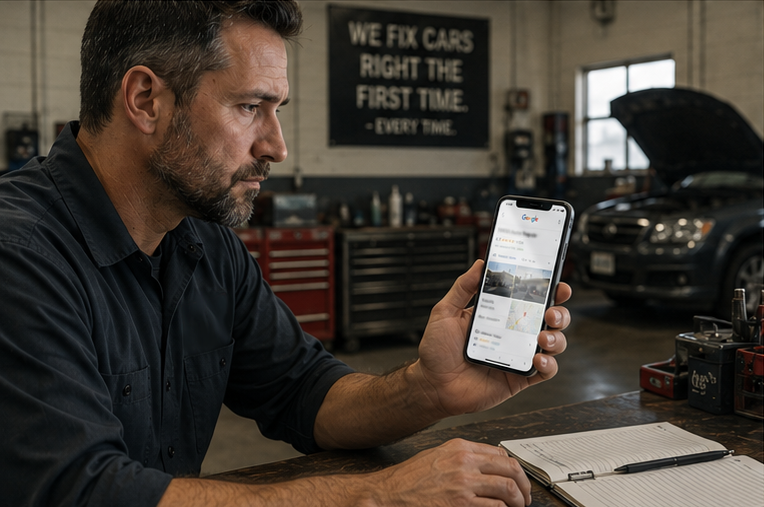 Technician with phone in garage AI searching online for information about his auto repair garage | KUKUI