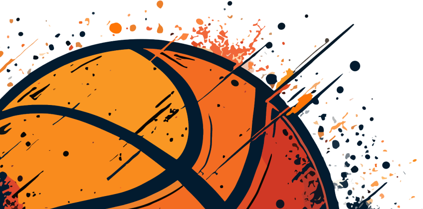 Stylized orange basketball with black lines and paint splatter on a white background