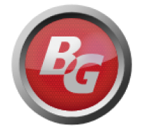 Red and silver circular BG logo with white letters