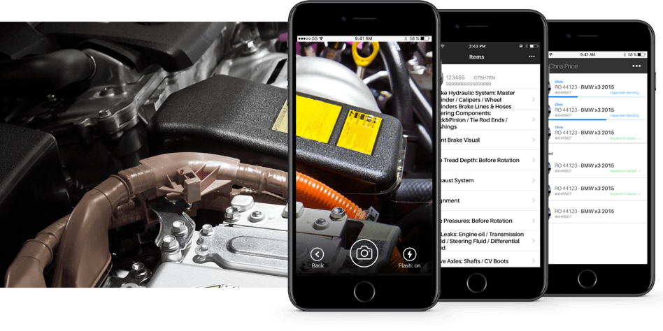 Car engine bay with a smartphone showing a vehicle diagnostic app and three app screens.