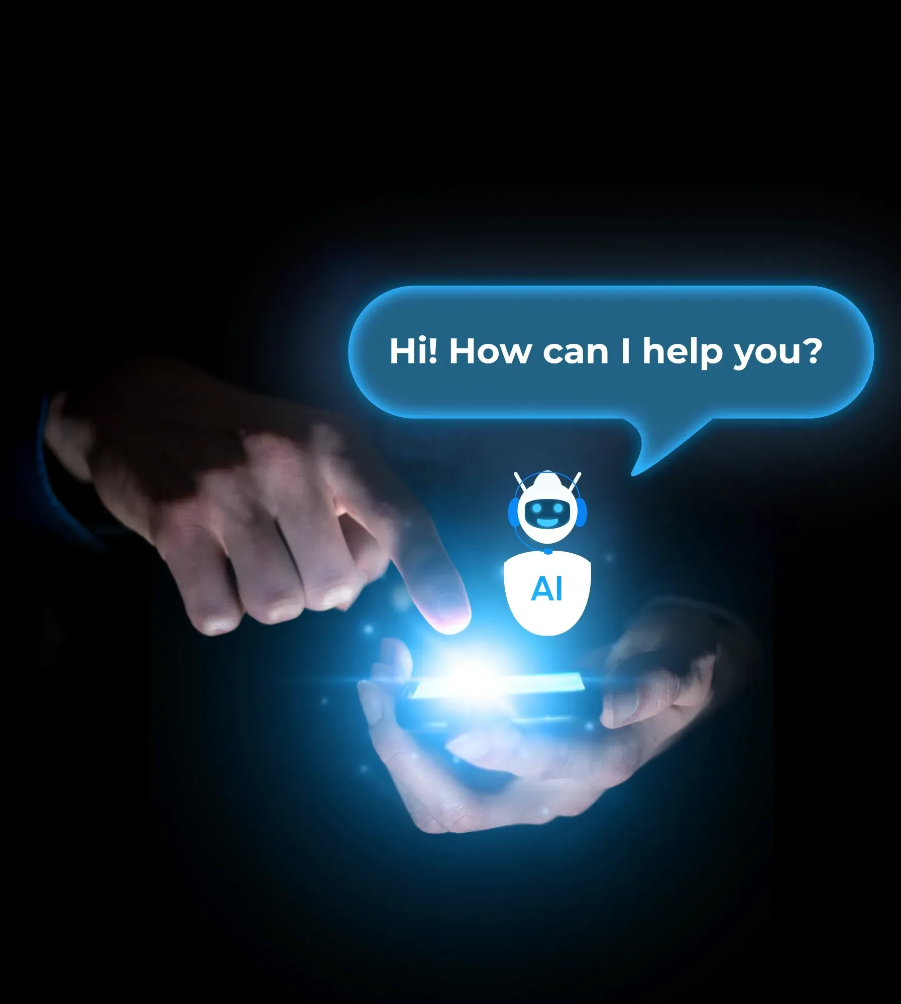 Hands holding a glowing AI icon with a speech bubble saying, “Hi! How can I help you?”