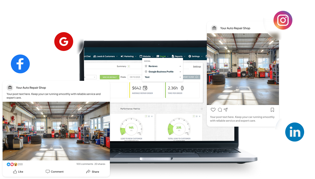 Laptop showing a business website with social media icons and office interior images