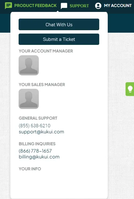 Contact support panel with chat and ticket buttons, manager avatars, and support email/phone details.