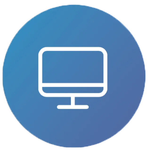 Blue circular icon with a white computer monitor symbol