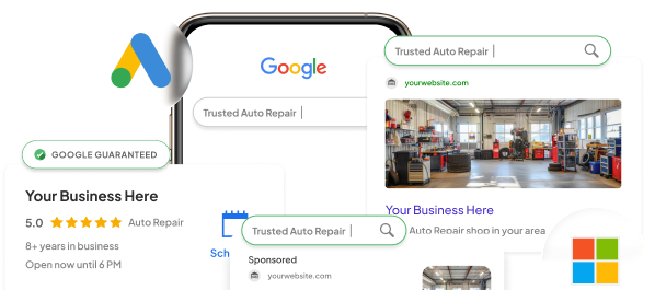 Google Maps business listing mockup with location pin, search bar, and business photo thumbnails