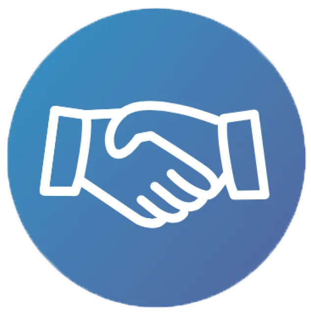 White handshake icon on a blue circle background.