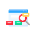 Stylized browser window with colored buttons and a magnifying glass icon.