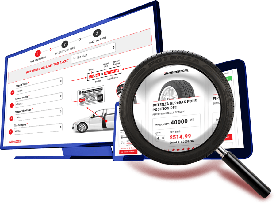 A magnifying glass is looking at a tire on a computer screen.