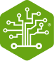 Green hexagon with a white circuit-board and tree design icon