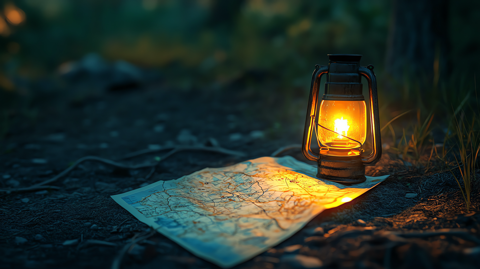 Lantern glowing beside a folded map on the ground in a dark outdoor setting