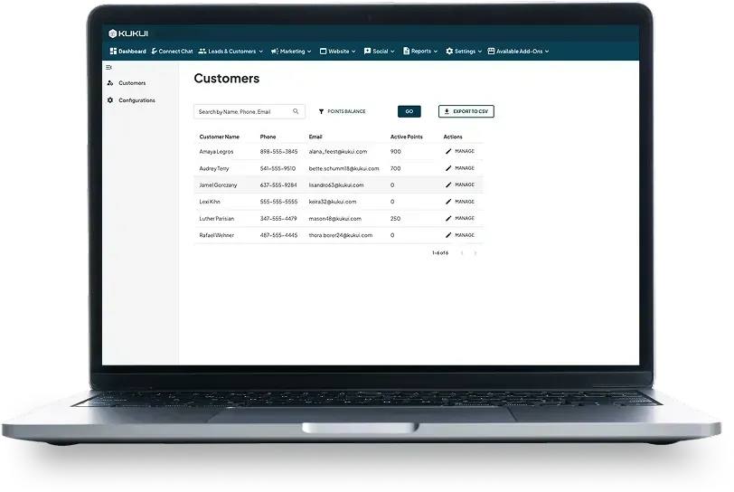 Laptop displaying a customer management dashboard with a table of records on a white screen