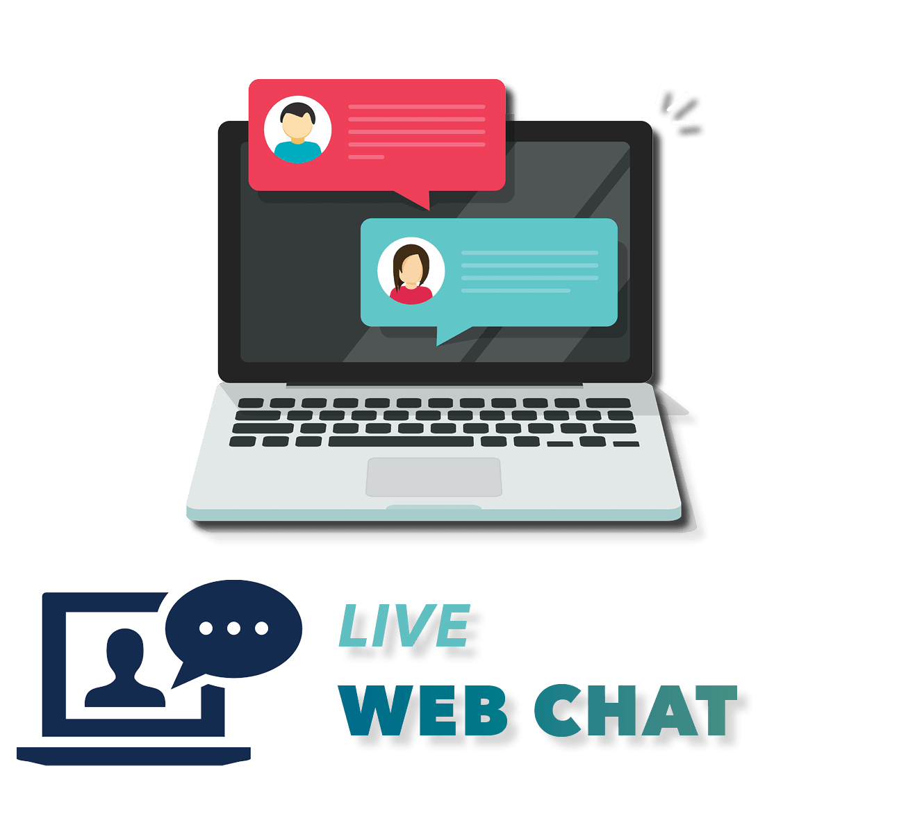 Laptop with live web chat bubbles and “LIVE WEB CHAT” text on screen